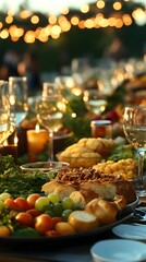 Fototapeta premium Elegant outdoor dinner party with food and drinks at sunset.