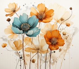 Flowers, Abstract Boho Art, Terracotta colors, Vintage Art , Flower Poster, Turquoise, White, Brown color palette