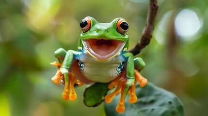 Fototapeta premium Red-Eyed Tree Frog Perched on a Branch in a Lush Rainforest Setting