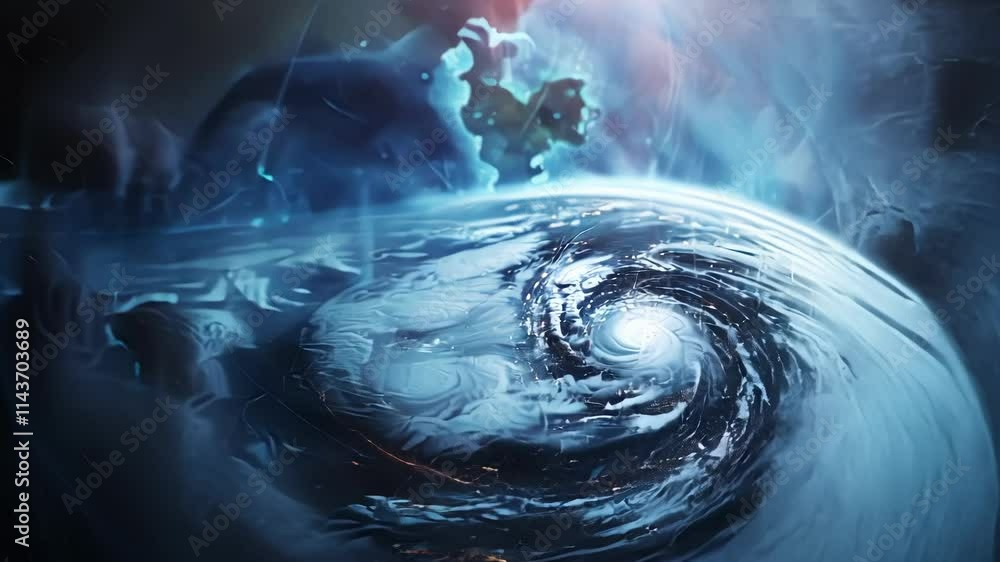 Poster futuristic view of planet earth rotating in space, with falling meteorites and digital data flowing,