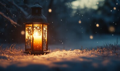 A glowing lantern in a snowy landscape, creating a warm, inviting ambiance.