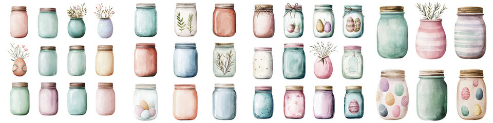 Assortment of Handpainted Pastel Colored Glass Mason Jars with Floral Botanical Patterns Displayed as Home Decor or for Special Events like Weddings Birthdays Anniversaries