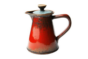 Handcrafted ceramic teapot with vibrant red glaze and unique design displayed on a white background