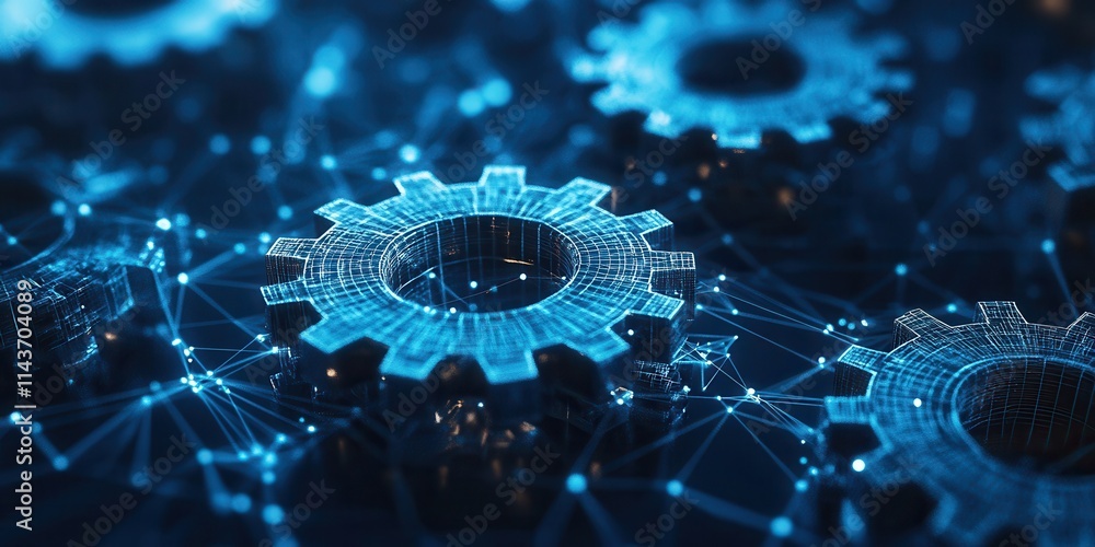 Poster A futuristic digital representation of interconnected gears with a blue and black color scheme, symbolizing technology and innovation.