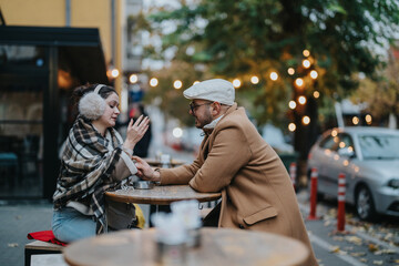 A couple shares an intimate moment at an outdoor cafe, wrapped in warm clothing on a fall day. String lights in the background add to the cozy ambiance, highlighting their connection.