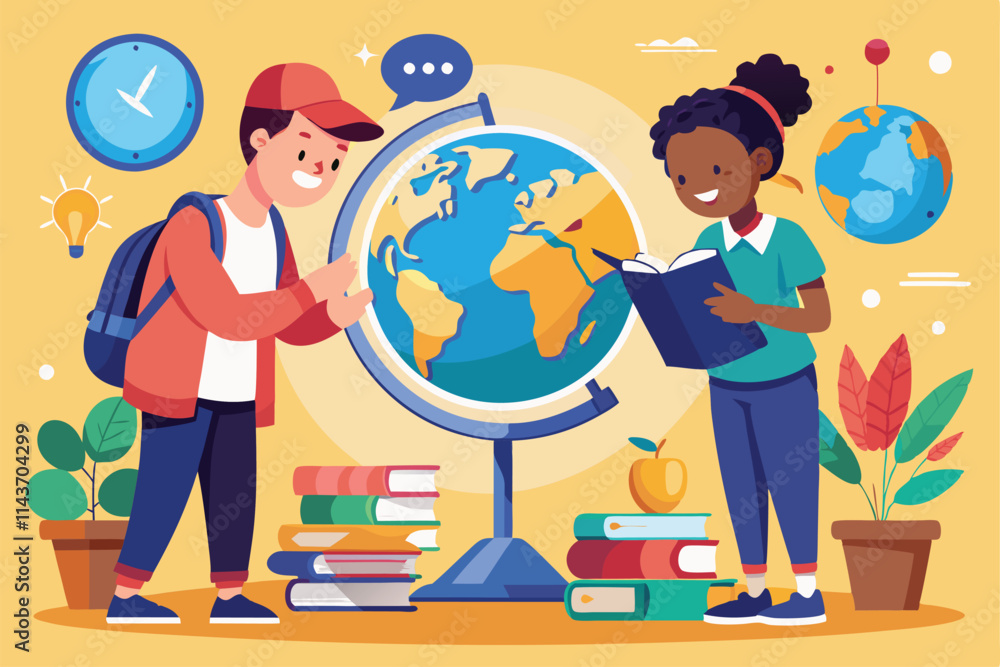 Poster two students explore a flat globe map while studying geography in a colorful classroom environment t