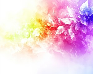 A vibrant, abstract floral design featuring colorful petals and leaves blending into a soft gradient background, creating a serene and artistic atmosphere.