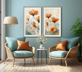 Two orange and white flower paintings hanging on a light blue wall, with two teal armchairs and orange throw pillows in the foreground, and a small side table with a lamp