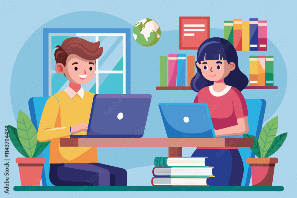 Poster two students are focused on their laptops while studying together at a table filled with books two s