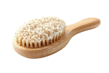 Gentle exfoliating scrub brush resting on a clean surface, preparing for a soothing self-care ritual