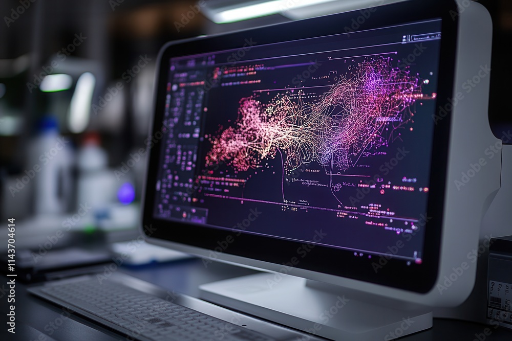 Aufkleber A modern computer monitor displays colorful data visualizations and complex graphs, set against a dimly lit workspace.