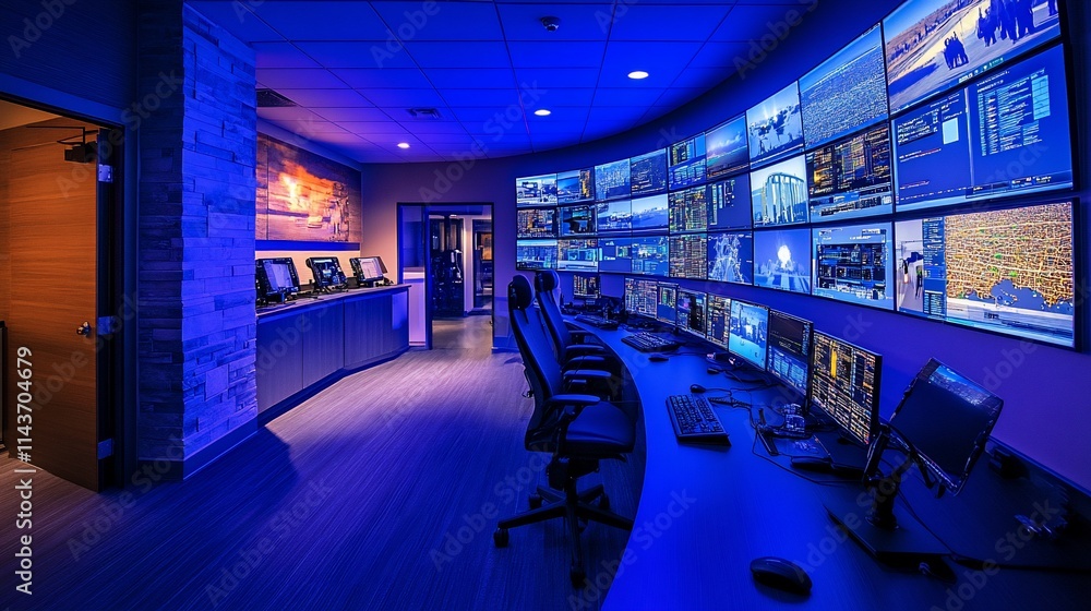Aufkleber a high-tech control room with multiple screens displaying data and information.
