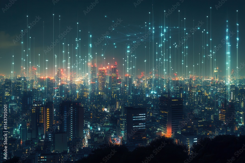 Poster A vibrant, futuristic city skyline illuminated by digital data streams and glowing lights, creating a mesmerizing urban landscape at night.