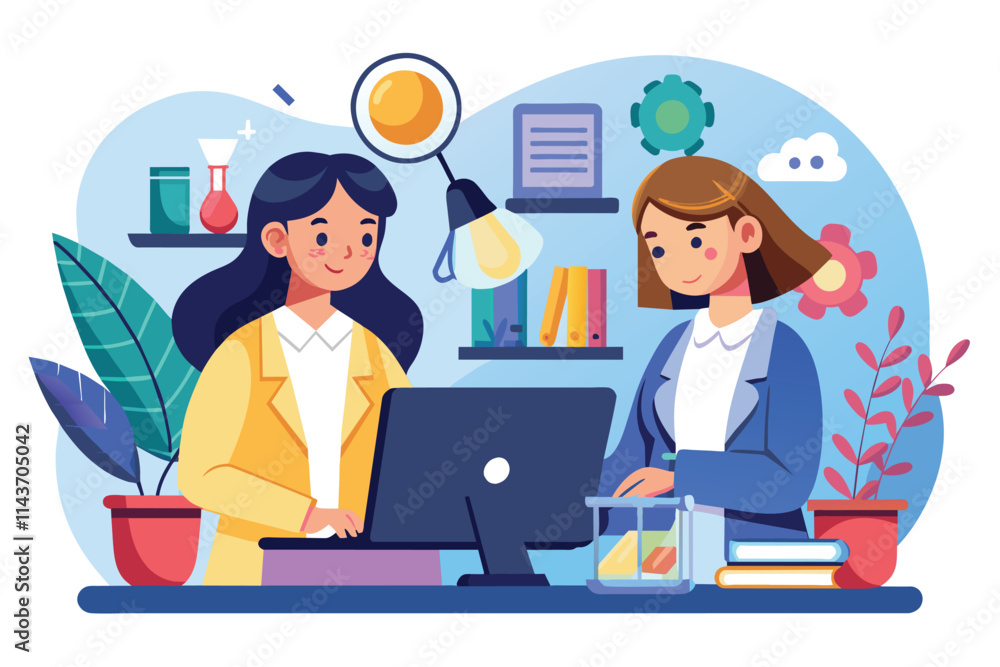 Poster two women are actively using a computer to research and study science topics in a vibrant workspace 