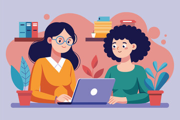 Two women are focused on their laptop, working together in a warm and inviting workspace surrounded by plants Two women using a laptop, flat illustration.