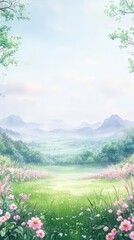 Fototapeta premium A serene landscape featuring rolling hills, gentle mountains, and a vibrant meadow filled with flowers, creating a peaceful and inviting atmosphere.