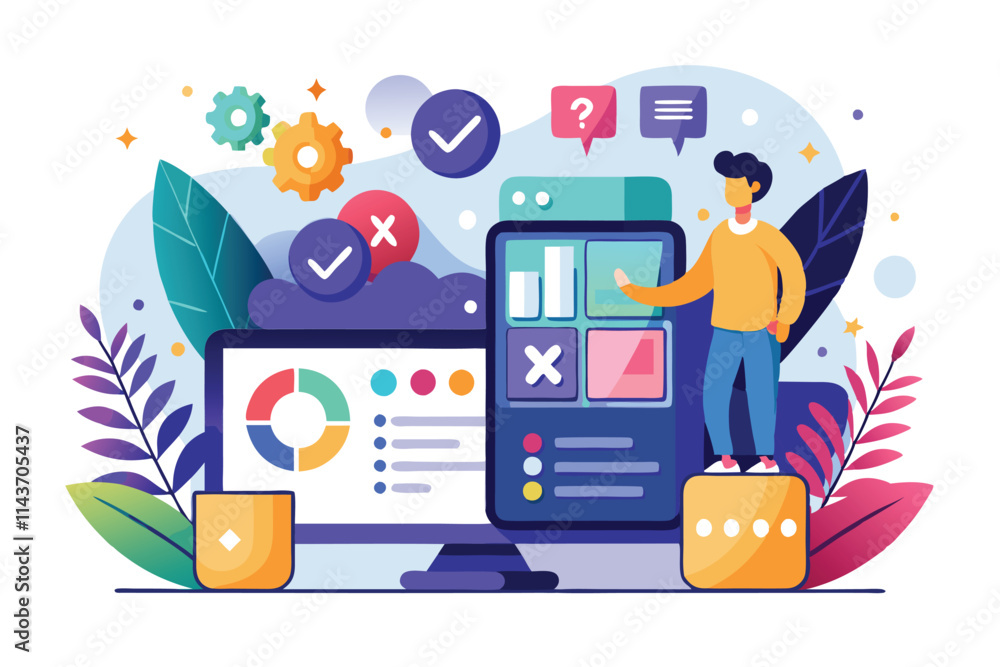 Poster a designer analyzes ui and ux differences, focusing on customizable features in a vibrant digital wo
