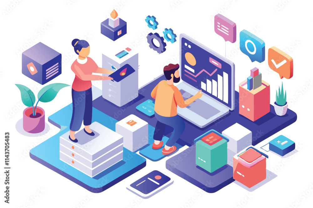 Poster two designers analyze user interface and user experience differences, surrounded by colorful graphic