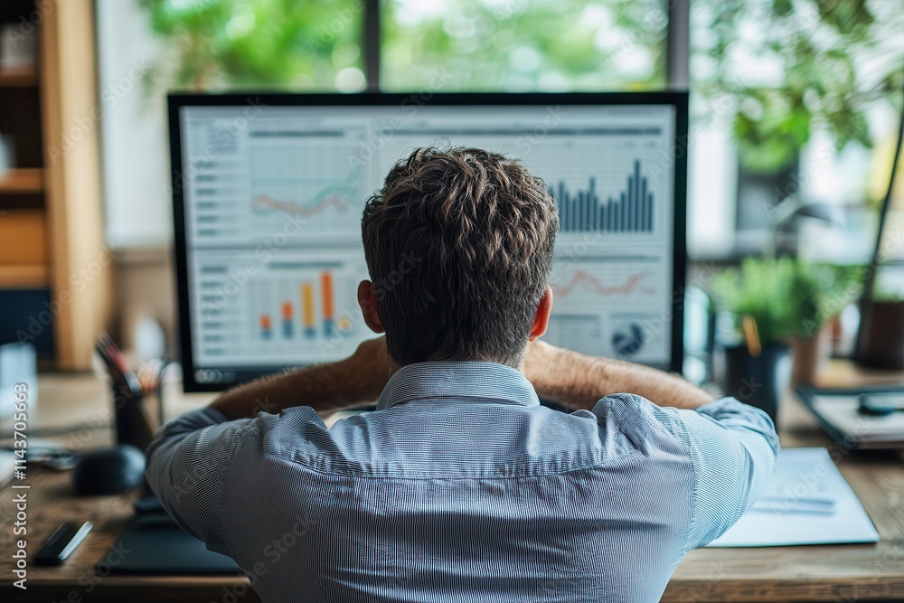 Poster A person analyzes data trends on a computer screen, surrounded by greenery in a modern workspace.