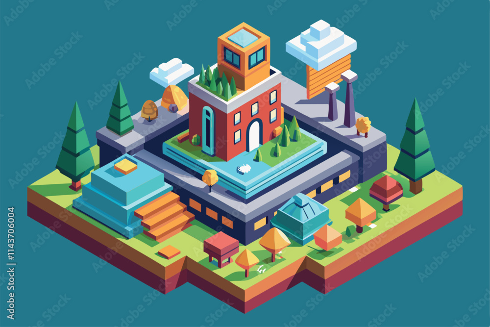 Poster a colorful isometric illustration featuring a customizable village landscape with diverse buildings 