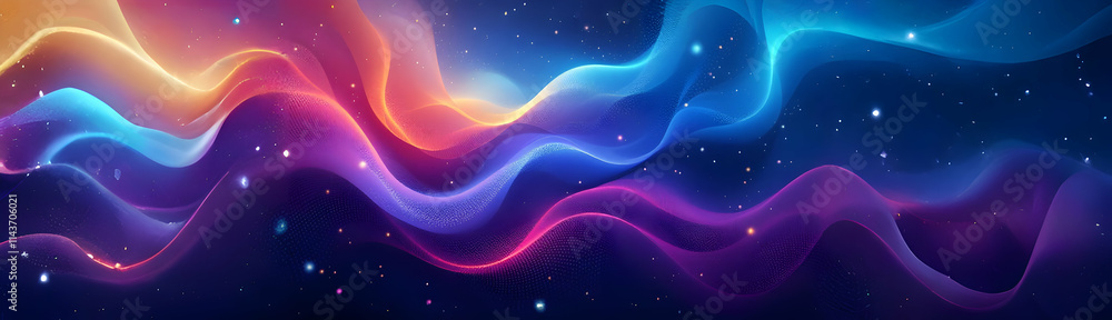 Poster swirling neoncolored waves flow across a dark background, resembling a cosmic nebula. glowing partic