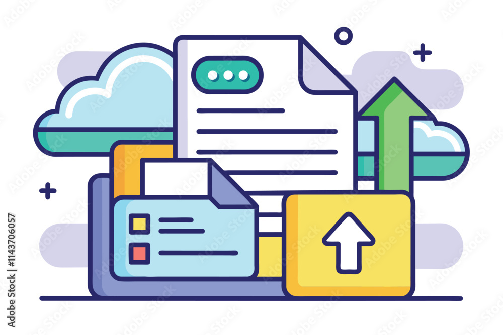 Poster visual representation of cloud storage, showing files being uploaded and organized with icons upload