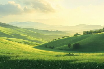 Obraz premium Rolling green hills Tuscan countryside misty morning light lush farmland, distant tree line