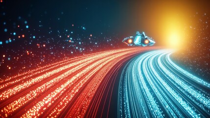 A futuristic spaceship travels through a vibrant, glowing pathway of red and blue light particles, suggesting motion and exploration in a digital universe.