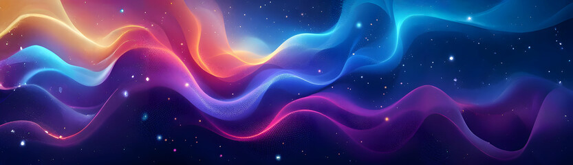 Swirling neoncolored waves flow across a dark background, resembling a cosmic nebula. Glowing particles and stellar dust add depth and texture to the abstract design.