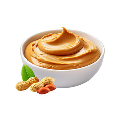 White bowl of of Peanut Butter with peanut slices and leaf on transparent background