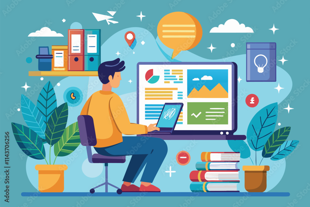 Poster an individual works on a laptop in a colorful workspace filled with plants and organized files use t