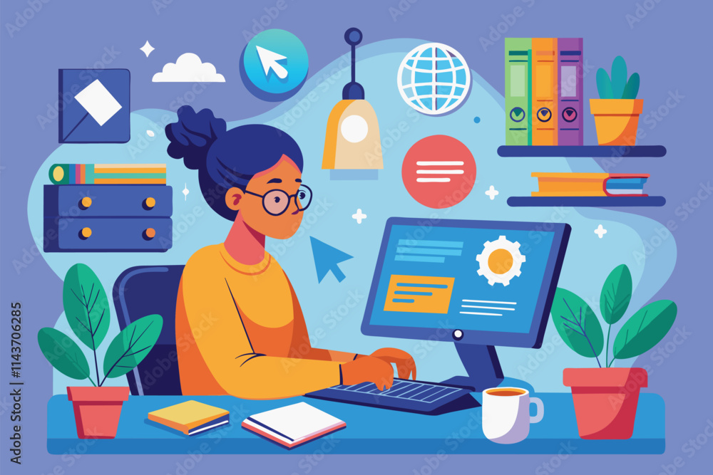 Poster a woman is focused on her computer at a colorful desk filled with plants and books, creating a vibra