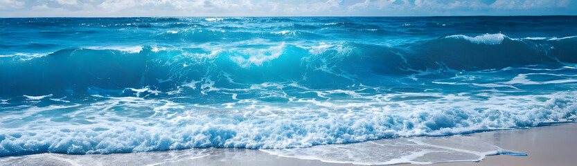 Fototapeta premium A powerful ocean wave crashes onto a sandy beach, creating white foam. The vibrant blue water contrasts beautifully with the light sand. A picturesque coastal scene.
