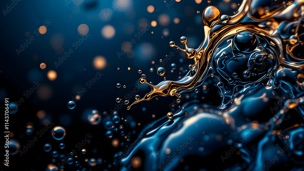Poster closeup of a dynamic splash of blue and gold liquid metal. small droplets and shimmering bokeh surro