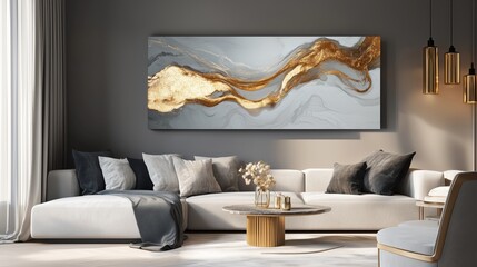 Contemporary Living Room with Golden Wave Painting - Made with Generative AI