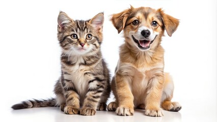 Adorable puppy and kitten cuddle; best friends, happy faces, pure white background.