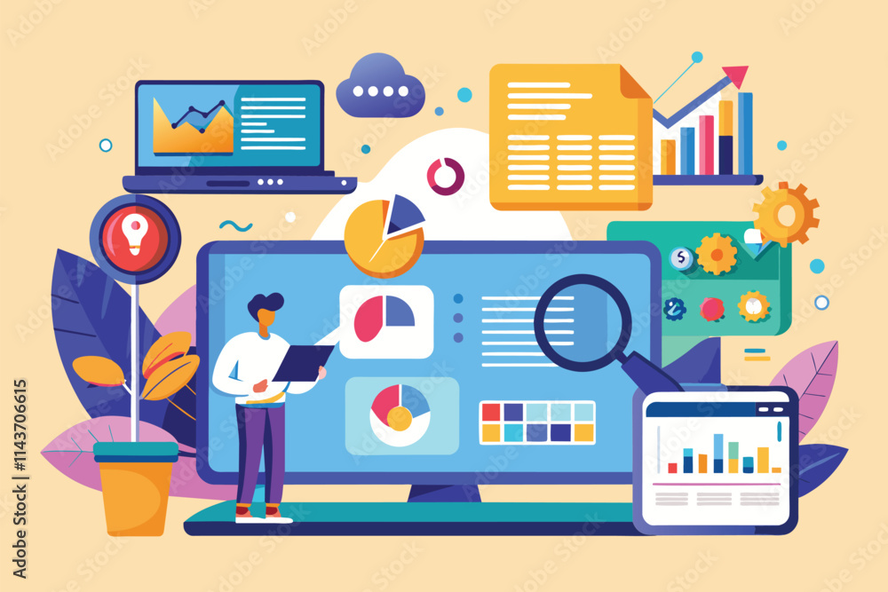 Poster a person analyzes online marketing data using digital tools and visualizations in an office environm