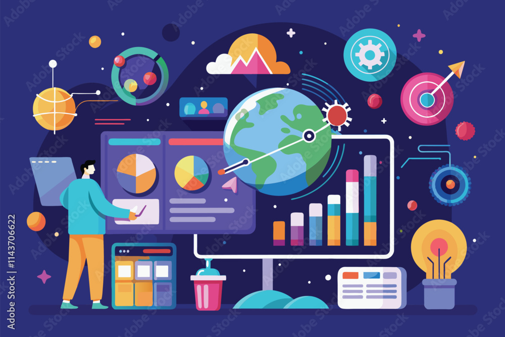 Poster a visual representation of a person analyzing data through infographics and charts in a vibrant work