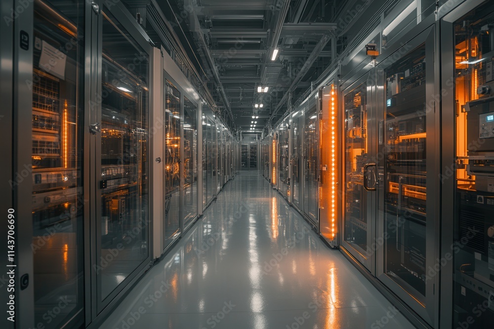 Poster a modern data center corridor lined with server racks, illuminated by ambient lights, showcasing hig