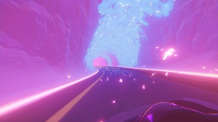 A vibrant, futuristic tunnel scene with swirling colors and light effects, creating a sense of speed and adventure.