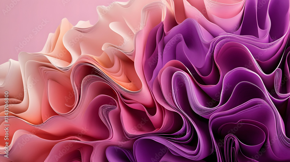 Poster pink and purple 3d waves arranged to create a multicolored abstract background. 3d render with copy-