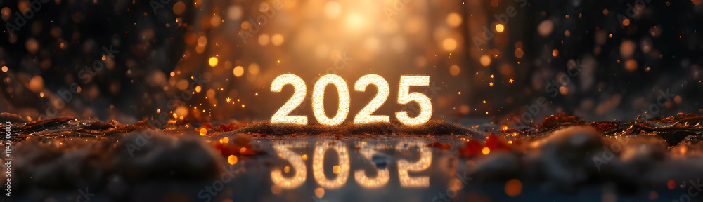 Poster glowing 2025 number on ground with sparkling lights and bokeh effects. reflective water adds depth t