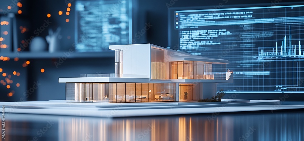 Aufkleber a modern architectural model displayed with digital data analysis in the background.