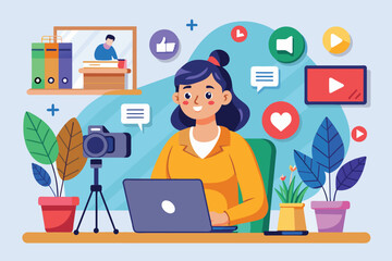 Fototapeta premium A vlogger participates in a live streaming session, interacting enthusiastically with viewers Vlogger live streaming with social media icons, simple illustration.