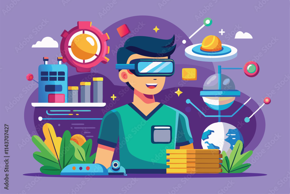 Poster a person engages with virtual reality technology, surrounded by colorful elements and interactive de