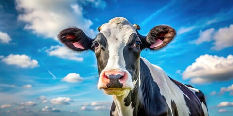A gentle black and white cow, isolated against a vibrant blue sky, a serene farm portrait.