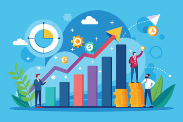 Obraz premium This illustration depicts professionals analyzing charts and graphs representing business growth Watch business growth through a flat illustration.