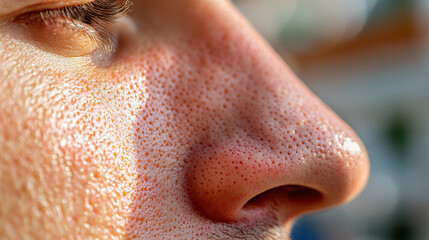 Naklejka premium Close up of red irritated nose, emphasizing the discomfort and struggle of allergies or cold symptoms, highlighting the human vulnerability and resilience in the face of common ailments.