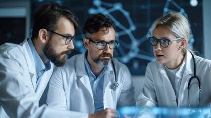 Three scientists in lab coats analyze data together, surrounded by digital interfaces and scientific visuals, conveying a sense of teamwork and innovation.