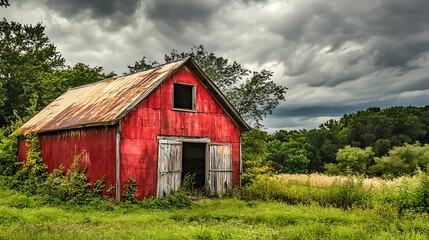 Rustic Red Barn Under Stormy Sky. Concept of rural Americana, weathered charm, and nature's power.